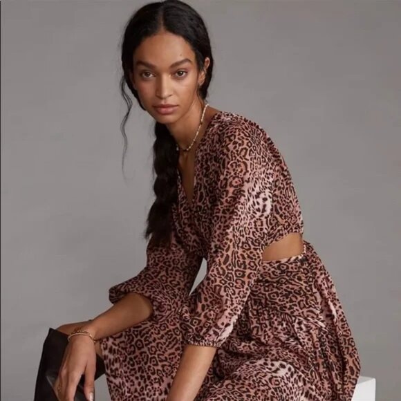 ANTHROPOLOGIE x RANNA GILL Leopard Print Cutout Midi Dress size small NWT - Picture 2 of 13